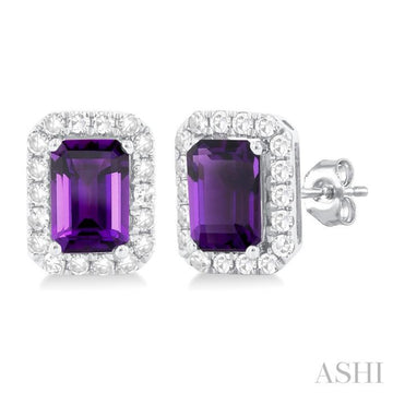 6x4 MM Octagonal Shape Amethyst and 1/4 Ctw Round Cut Diamond Halo Semi-Precious Stud Earrings in 10K White Gold